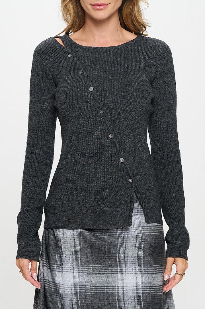 Knit Asymmetrical Button Front Long Sleeve Sweater-1