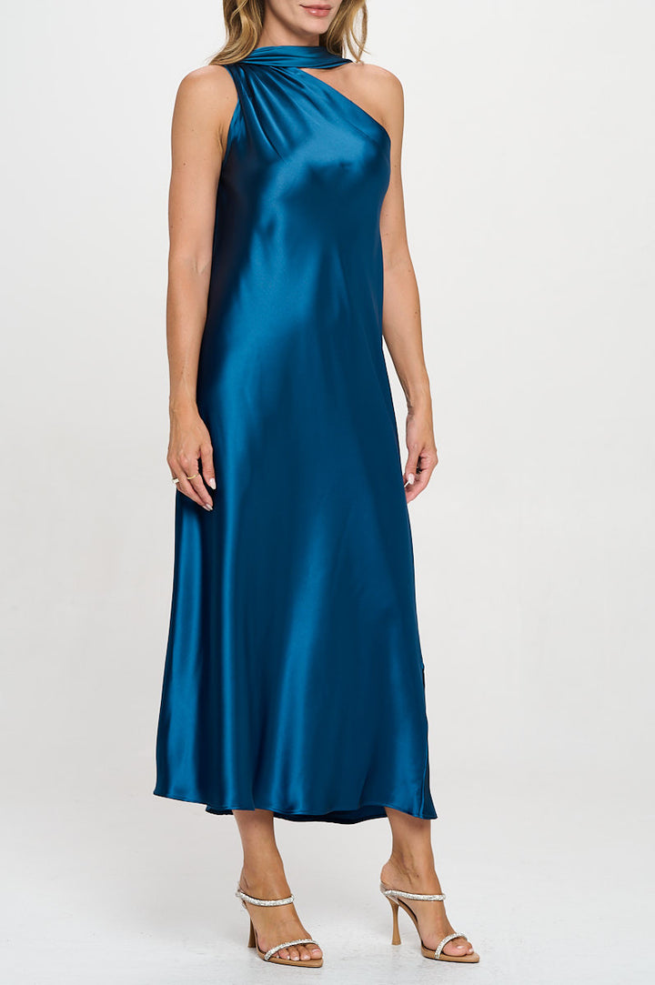 One Shoulder Satin Maxi Dress with Scarf Detail-4