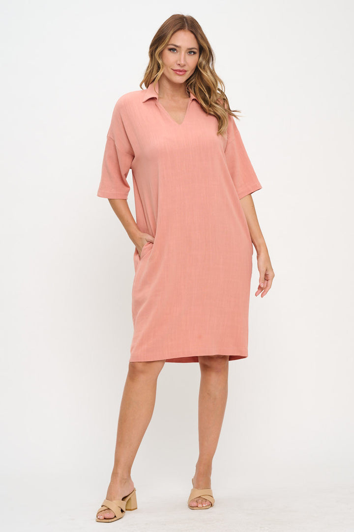 Linen V neck Collared Dress with Pockets-4