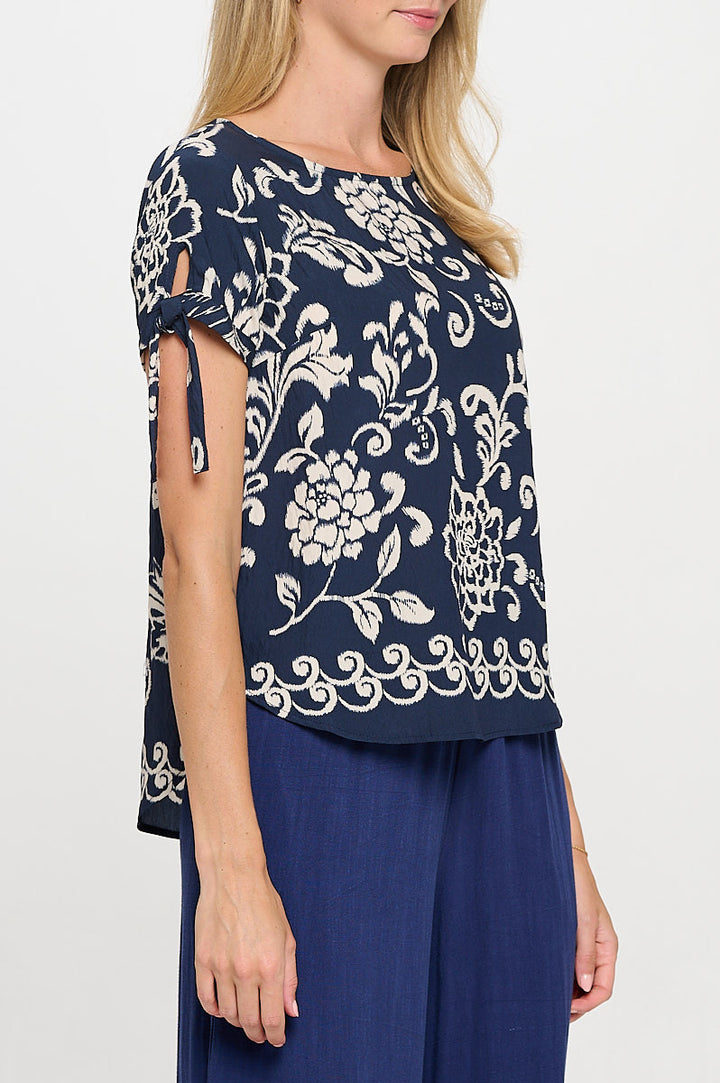 Floral Print Short Sleeve Top with Tie Sleeve-2