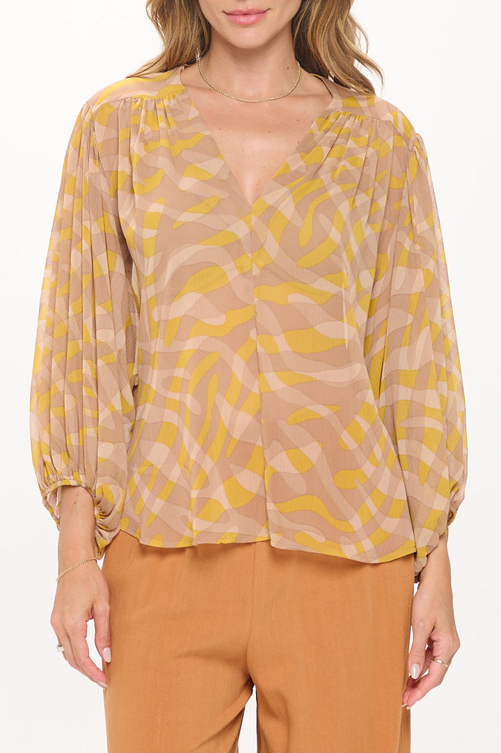 Abstract Print V neck Sheer Top with 3/4 Sleeve-1