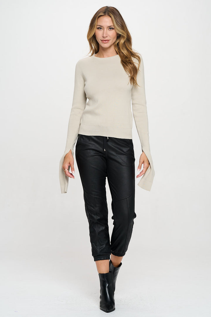 Rib Knit Round neck Sweater with Open Long Sleeve-4
