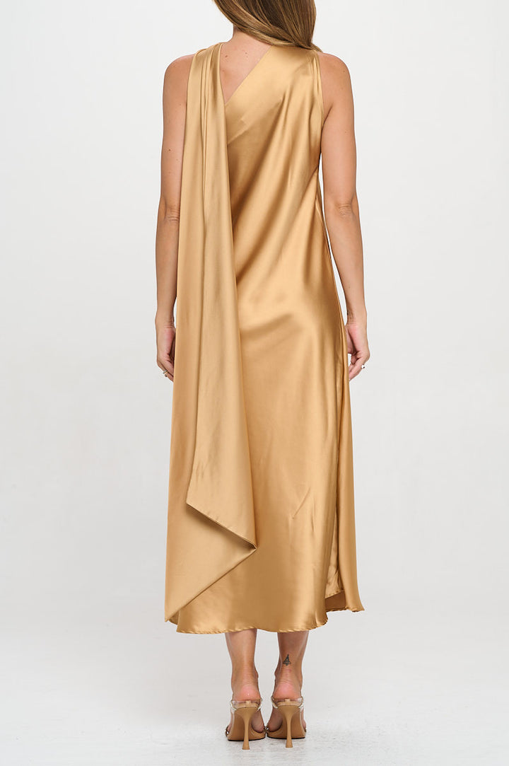 One Shoulder Satin Maxi Dress with Scarf Detail-4