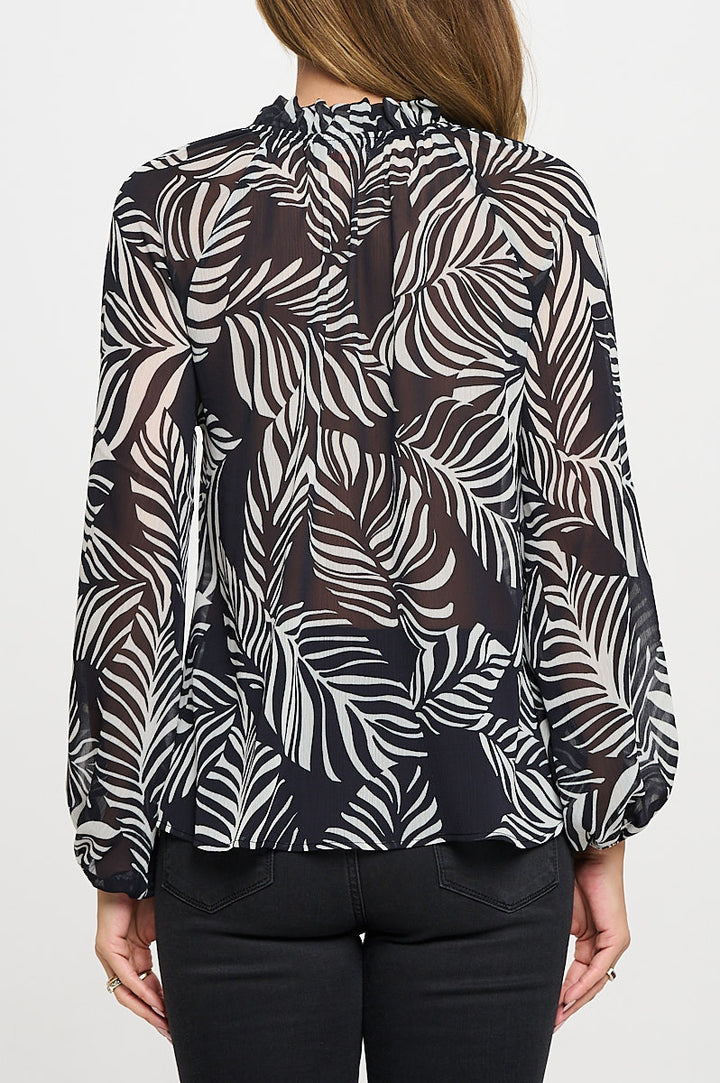 Print Sheer Ruffle Mock Neck Top-3