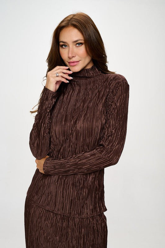Plisse Long Sleeve Mock Neck Top-0