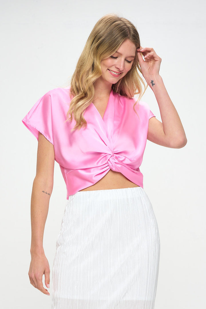 Satin Short Sleeve Top with Front Twist-2