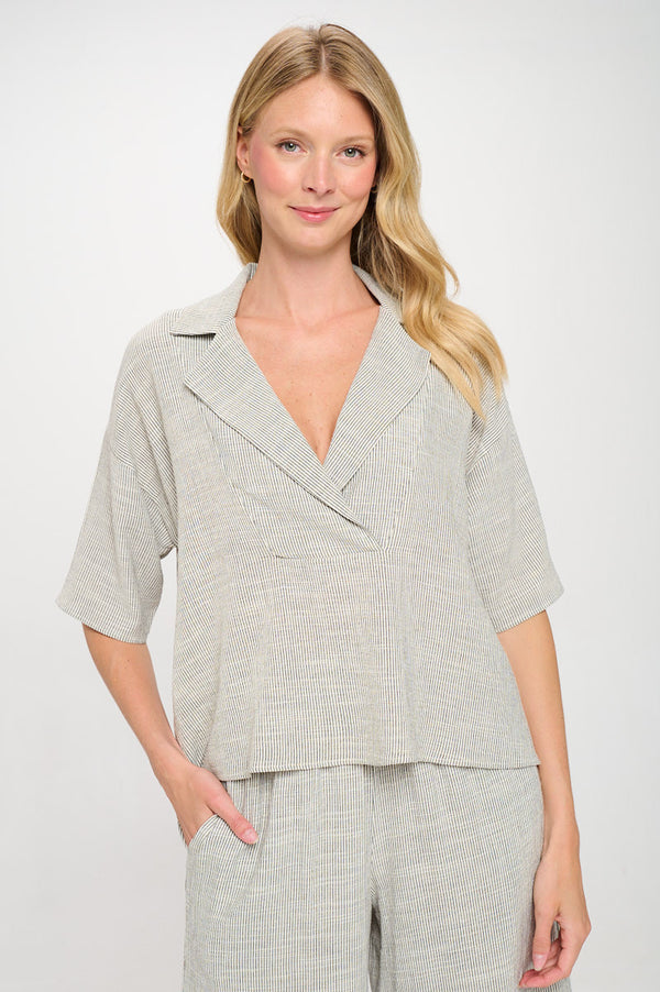 Striped Cotton Relaxed Oversize Fit V neck Top with Colla-0
