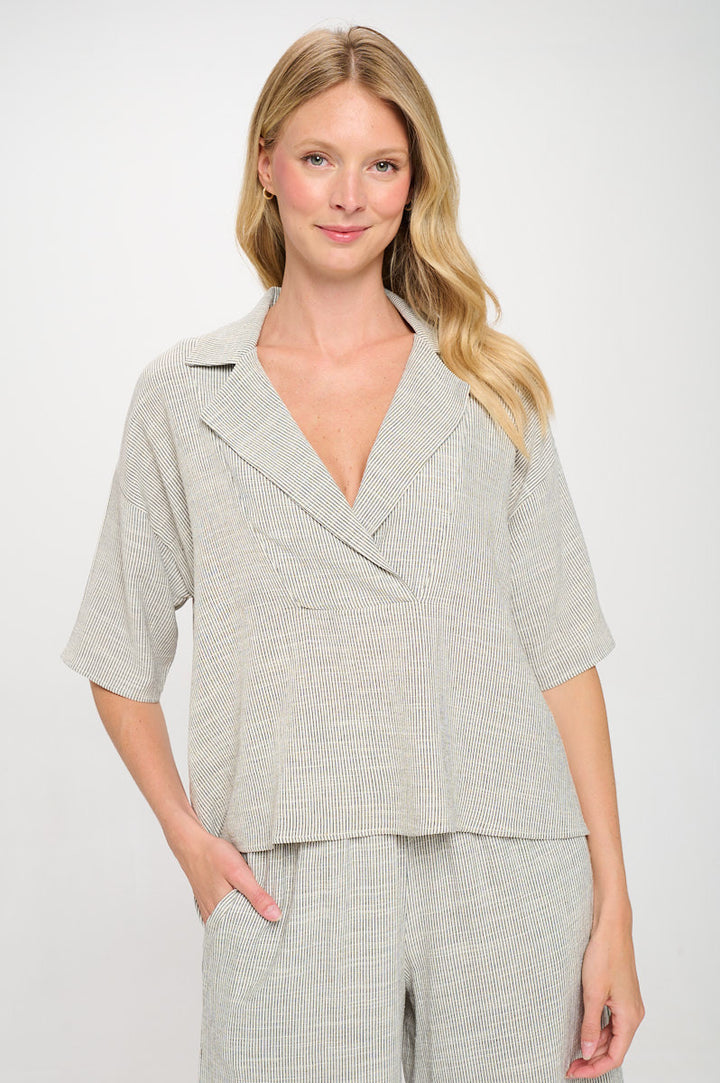 Striped Cotton Relaxed Oversize Fit V neck Top with Colla-0