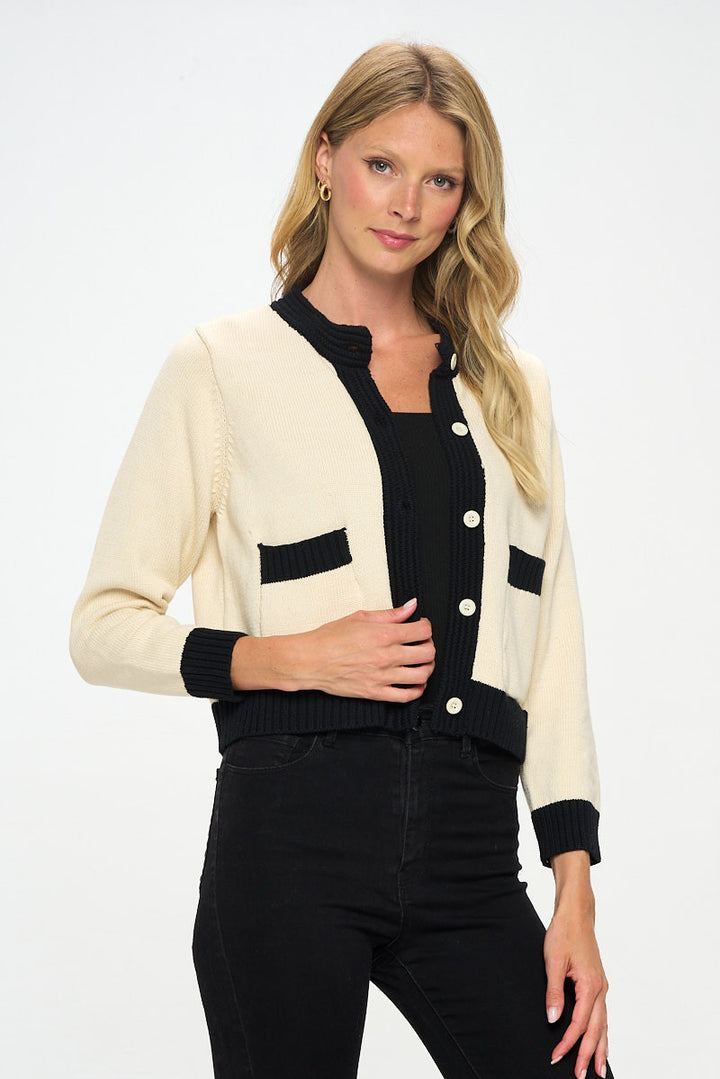 Knit Open Front Mini Cardigan with Buttons-1