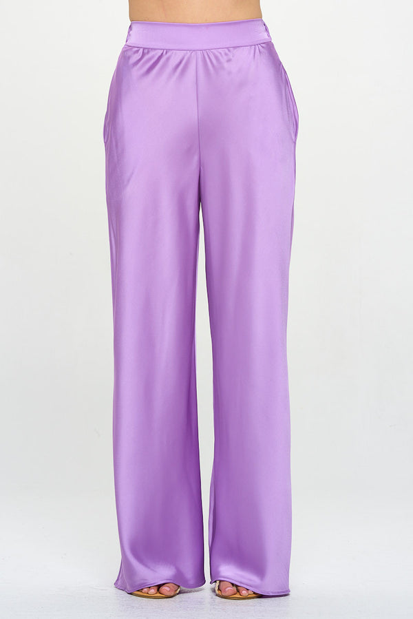 Stretch Satin Pants w/ Elastic Waist and Pockets-0