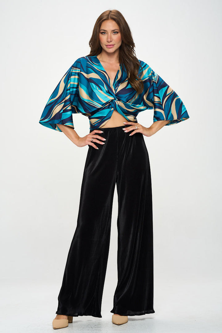 Multi Print Satin Mid Sleeve Top with Front Twist-3