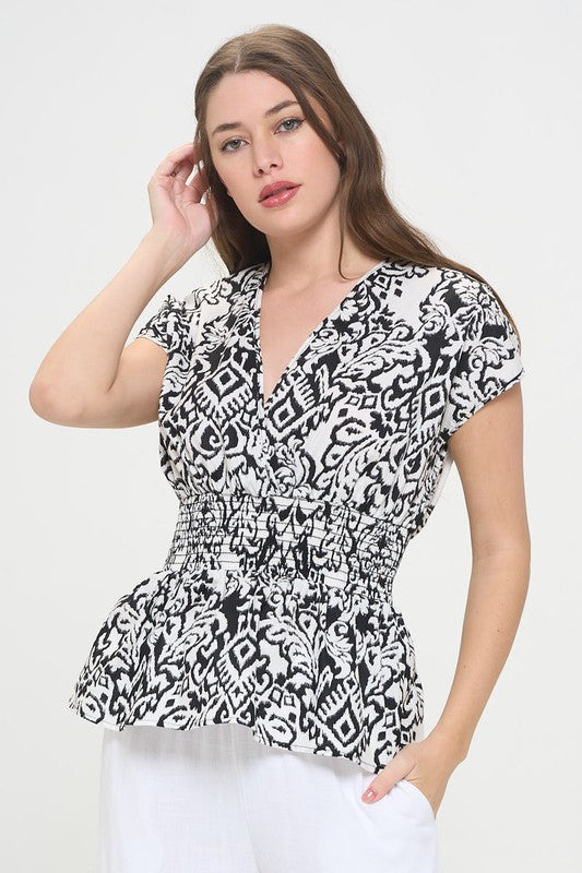 Cotton Print V neck Short Sleeve Kimono Top-0