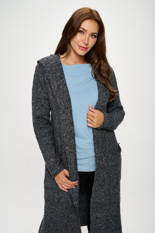Charcoal Knit Open Front Cardigan Sweater with Pockets and Hood-0
