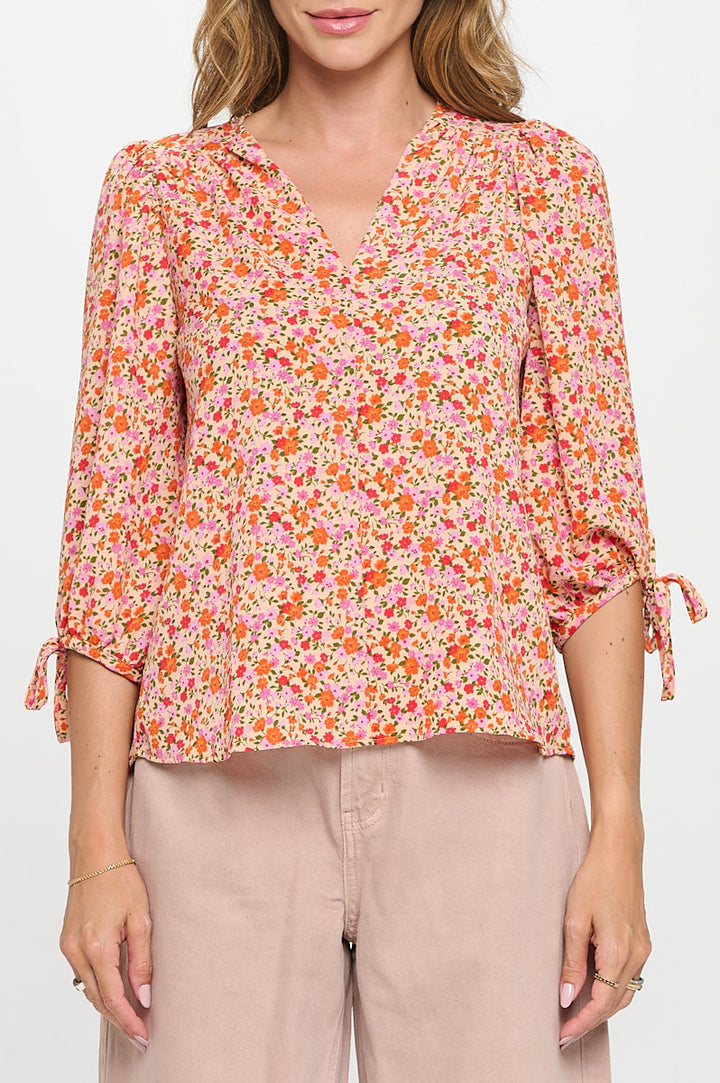 Floral Print V neck Top with Sleeve Tie-1