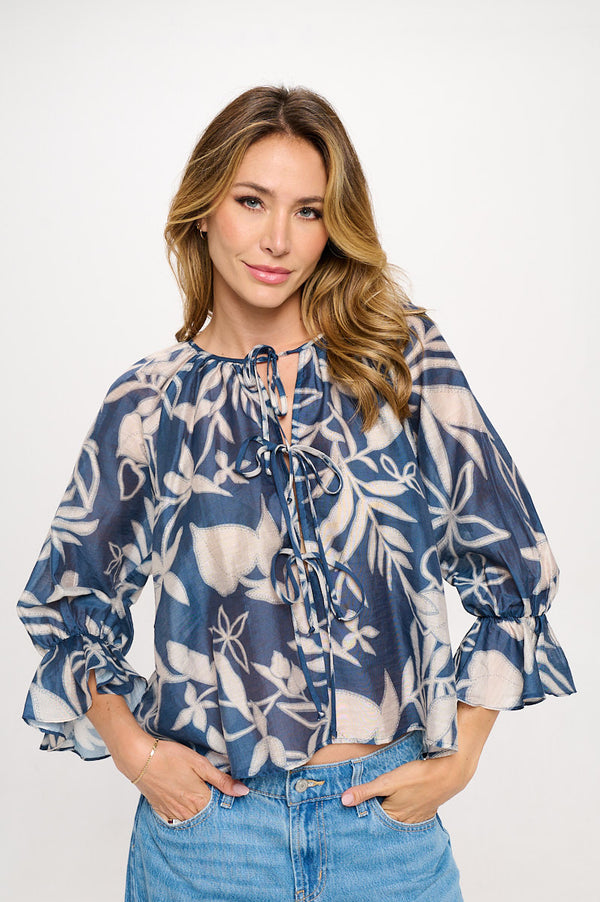 Print Round neck Top with Front Tie Detail-0