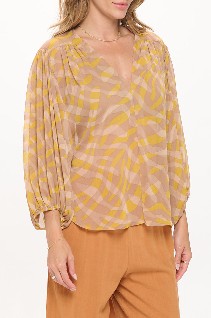 Abstract Print V neck Sheer Top with 3/4 Sleeve-2