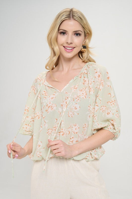 Floral Print V neck 3/4 Sleeve-0
