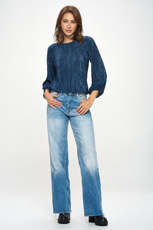 Plisse Solid Round neck Top with 3/4 Sleeve-4