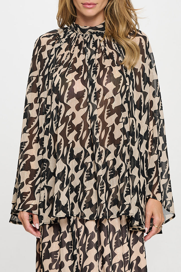 Print Sheer Long Bell Sleeve Top with Back Tie Detail-1