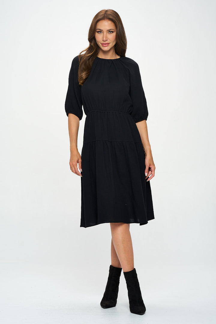 Cotton 3/4 Sleeve Tiered Midi Dress-2
