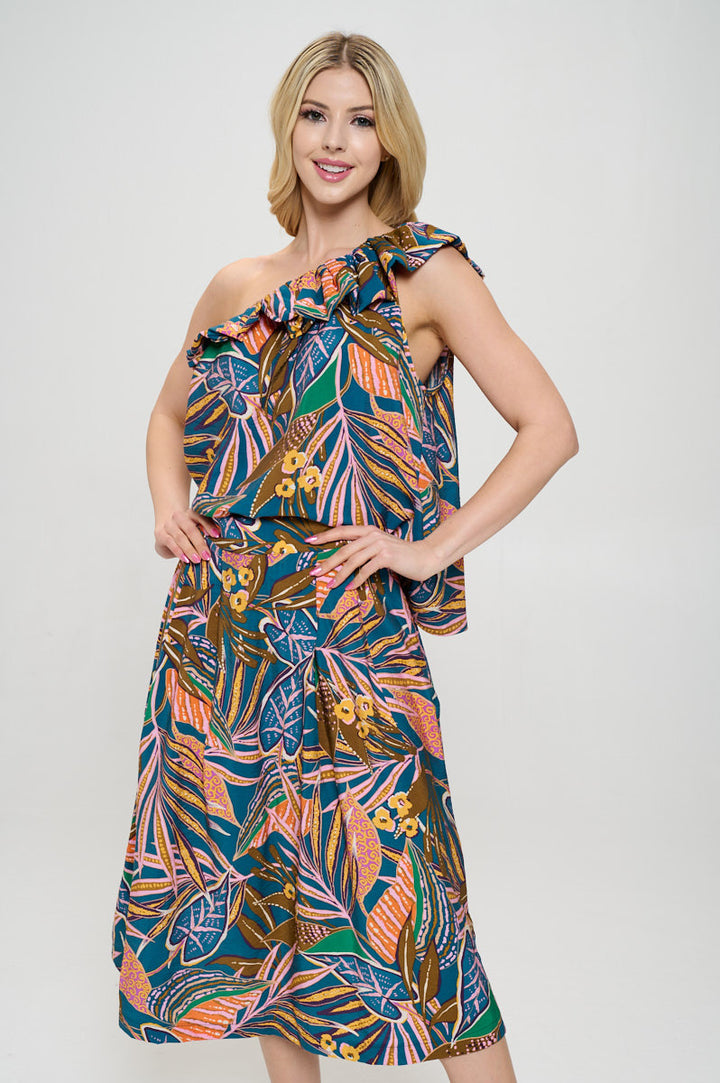 Tropical Leaf Print One Shoulder Top with Ruffle Neckline-1
