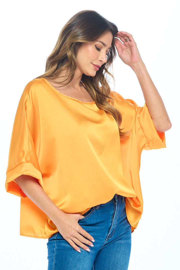 Stretch Satin Solid Round neck Oversize Top-1
