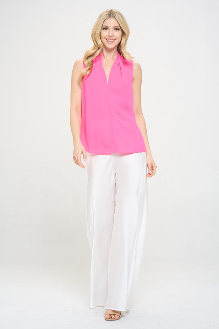 Solid V neck Top with Drape Neckline-4