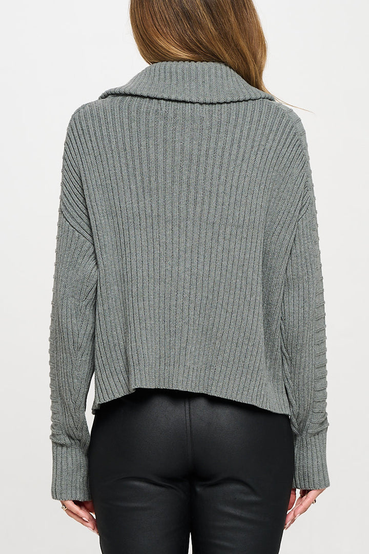 Cotton Knit Detail Long Sleeve Zip Up Sweater-3