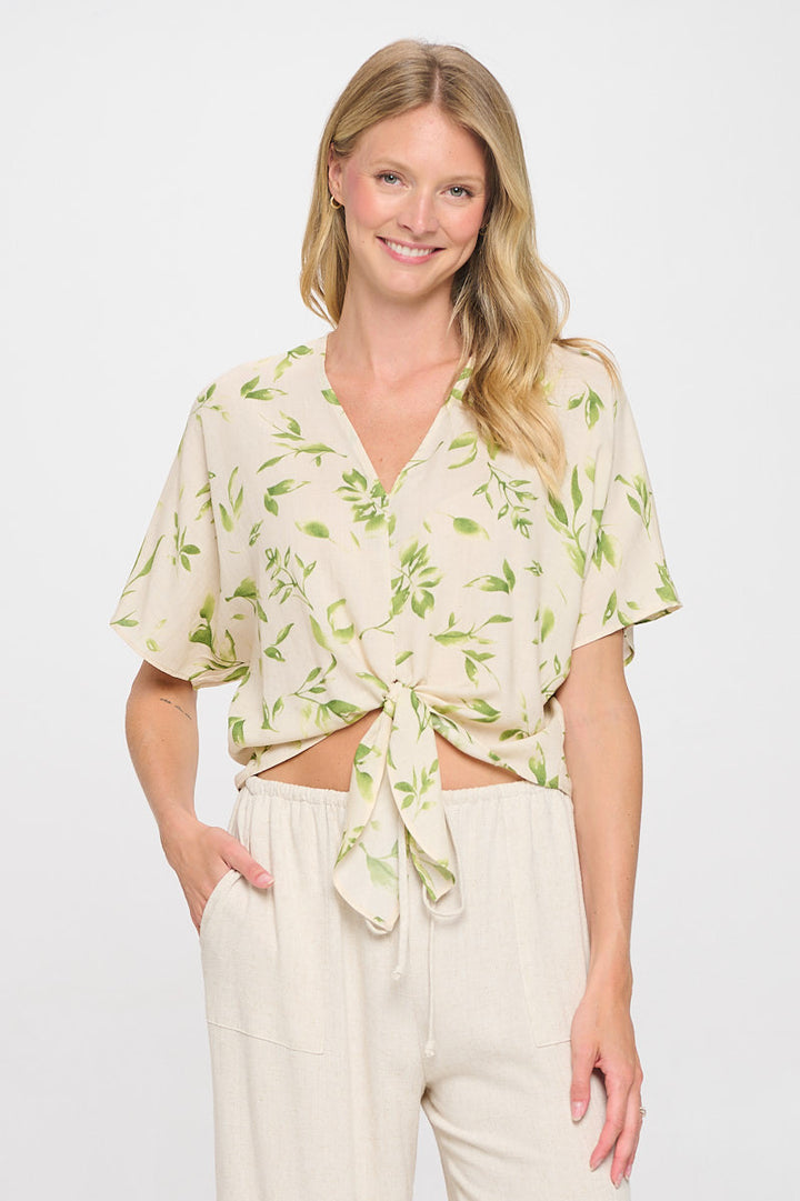 Linen Floral Print V neck Top with Front Tie-2