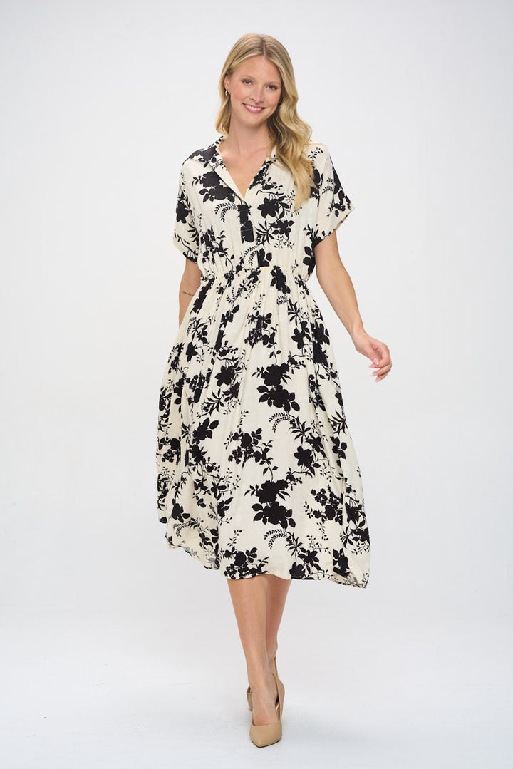 Textured Collared V neck Midi Dress with Pockets-2