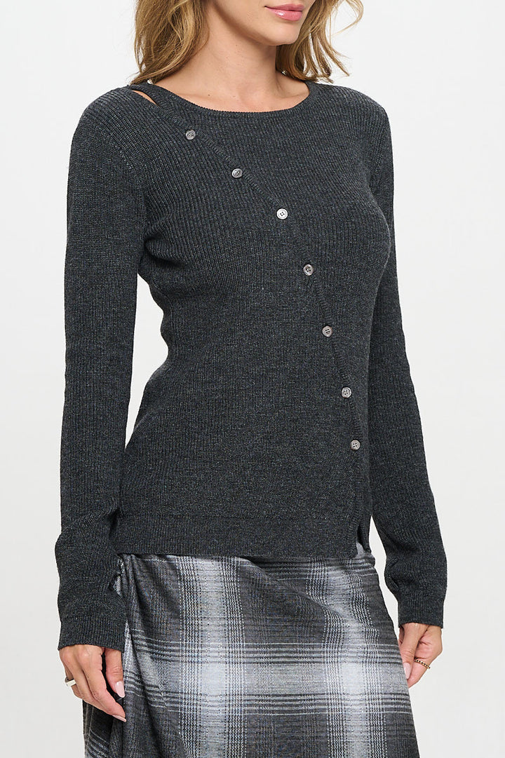 Knit Asymmetrical Button Front Long Sleeve Sweater-2