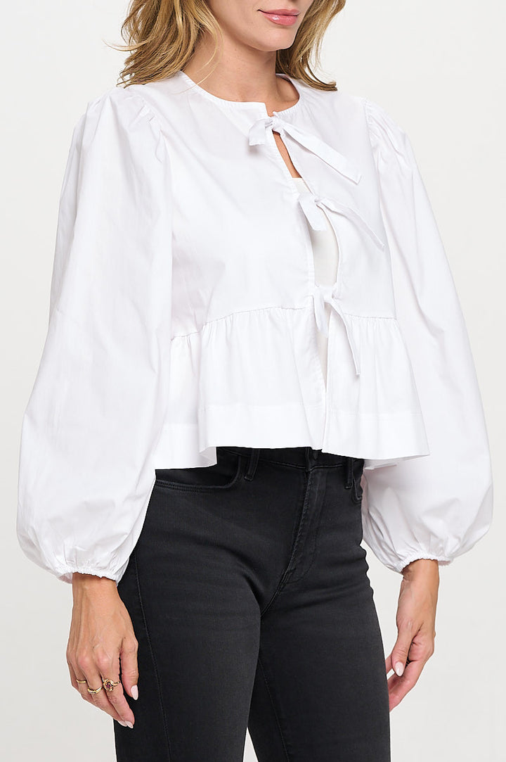 Cotton Solid Long Puff Sleeve Top with Open Front Tie Detail-3