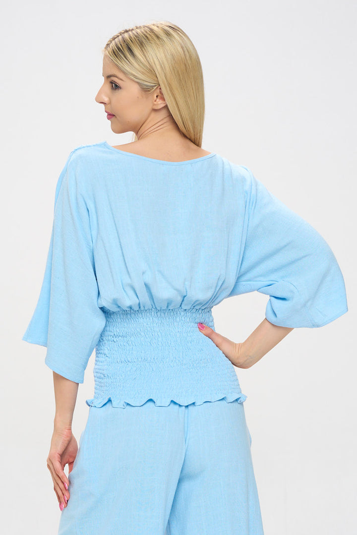 Linen V neck Smocked Dolman Sleeve Top-3