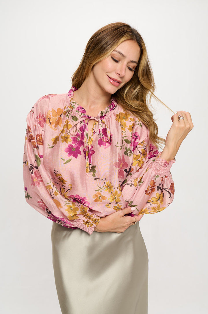 Floral Print V neck Top with Cuffed Sleeve-0