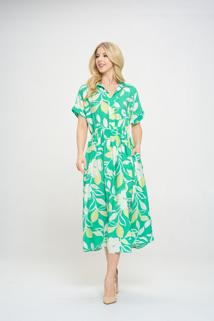 Flower Print Collared V neck Midi Dress with Pockets-3