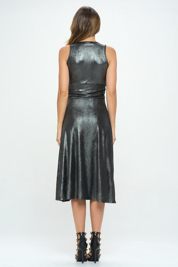 Metallic Solid Deep V Neck Lined Dress with Slit-4