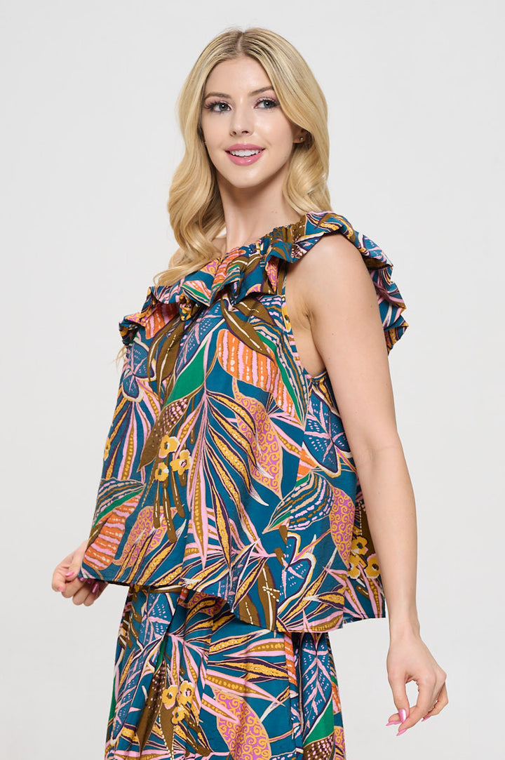 Tropical Leaf Print One Shoulder Top with Ruffle Neckline-2