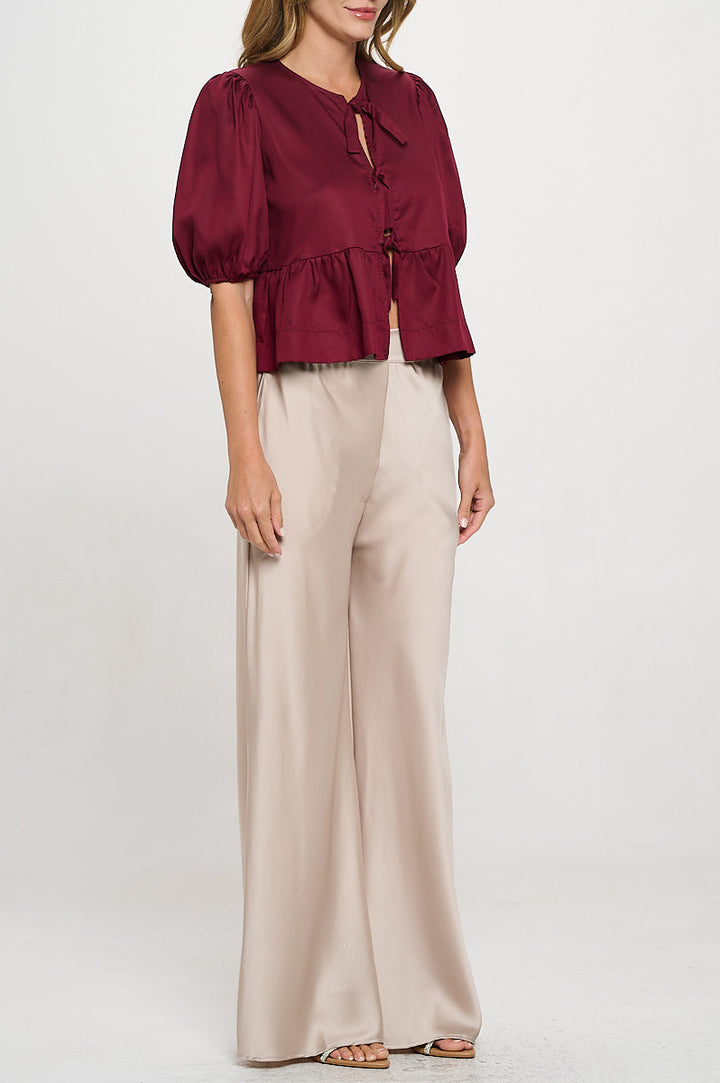 Tencel Puff Sleeve Top with Front Bow Detail-2