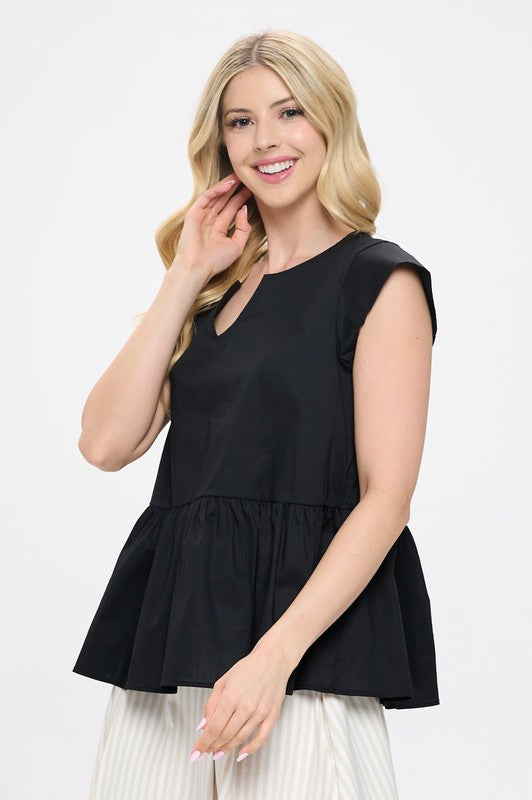 Cotton V neck Short Sleeve Top with Tiered Hem-2