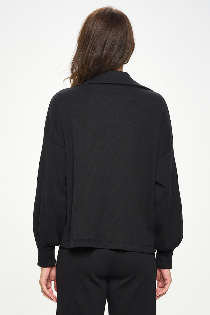 Rib Knit V neck Top with Collar-2