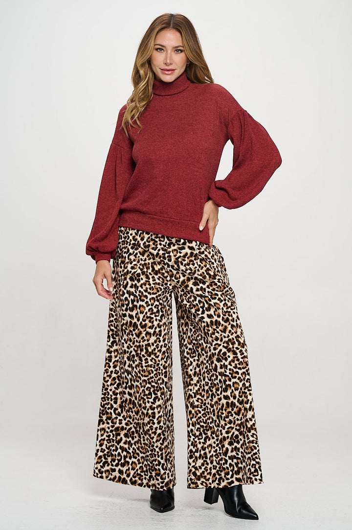 Rib Knit Turtleneck Top with Balloon Cuffed Sleeve-4