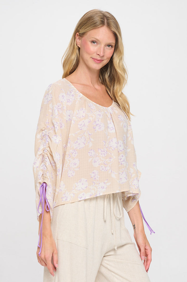 Floral Print Boat Neck Top with Adjustable Tie Sleeve-2