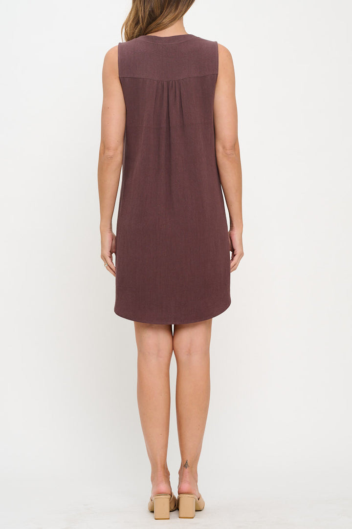 Linen V neck Sleeveless Dress with Curved Hem-3