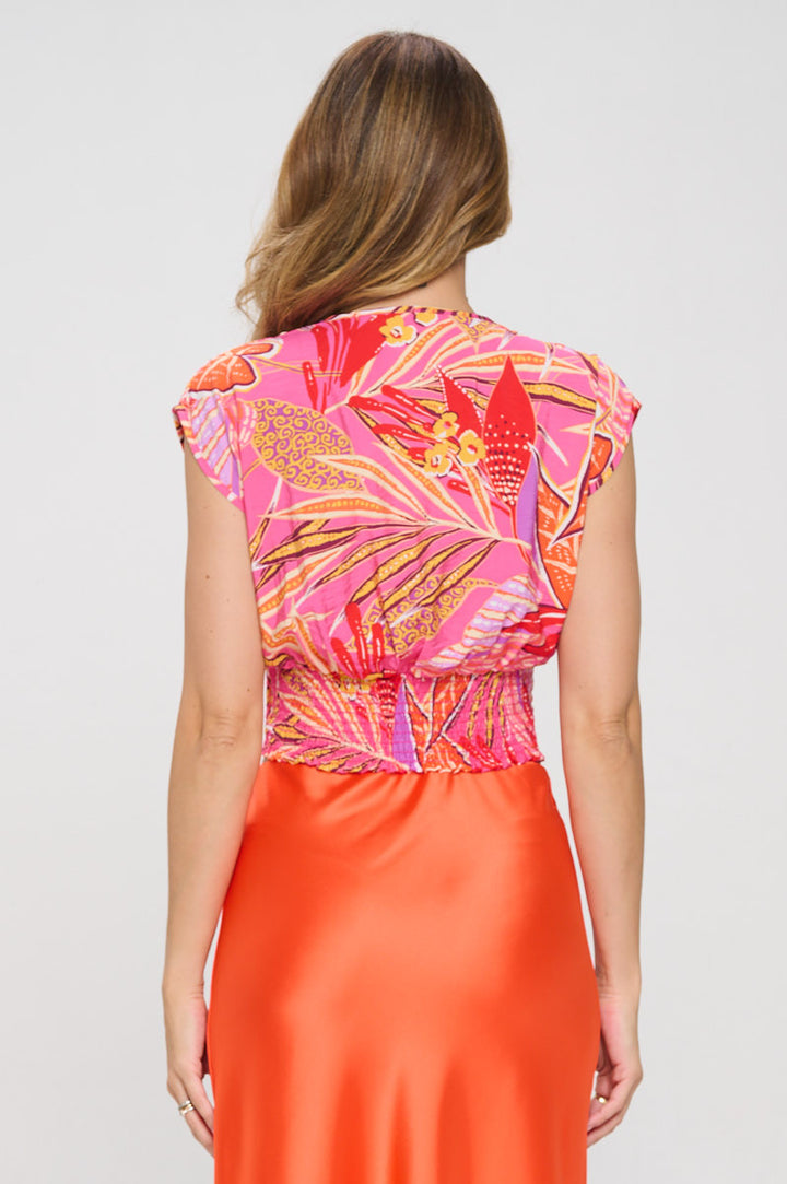 Floral Print V neck Crop Top w Smock Back Detail-3