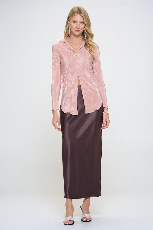 Plisse Solid Button Down Top with Collar-4