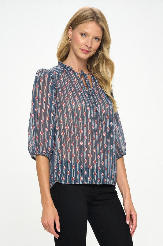 Print Semi Sheer Top with Tie-2
