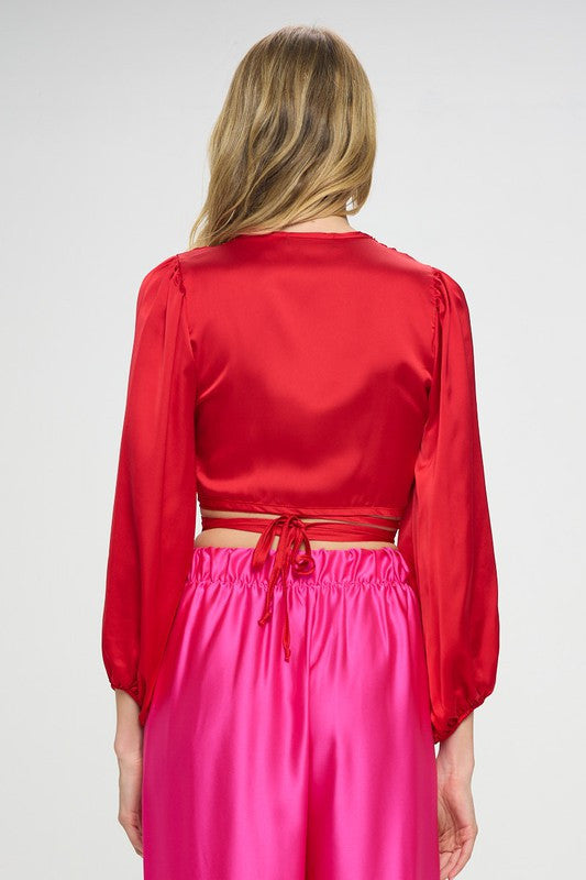 Silky Satin Wrap Crop Top with Tie-3