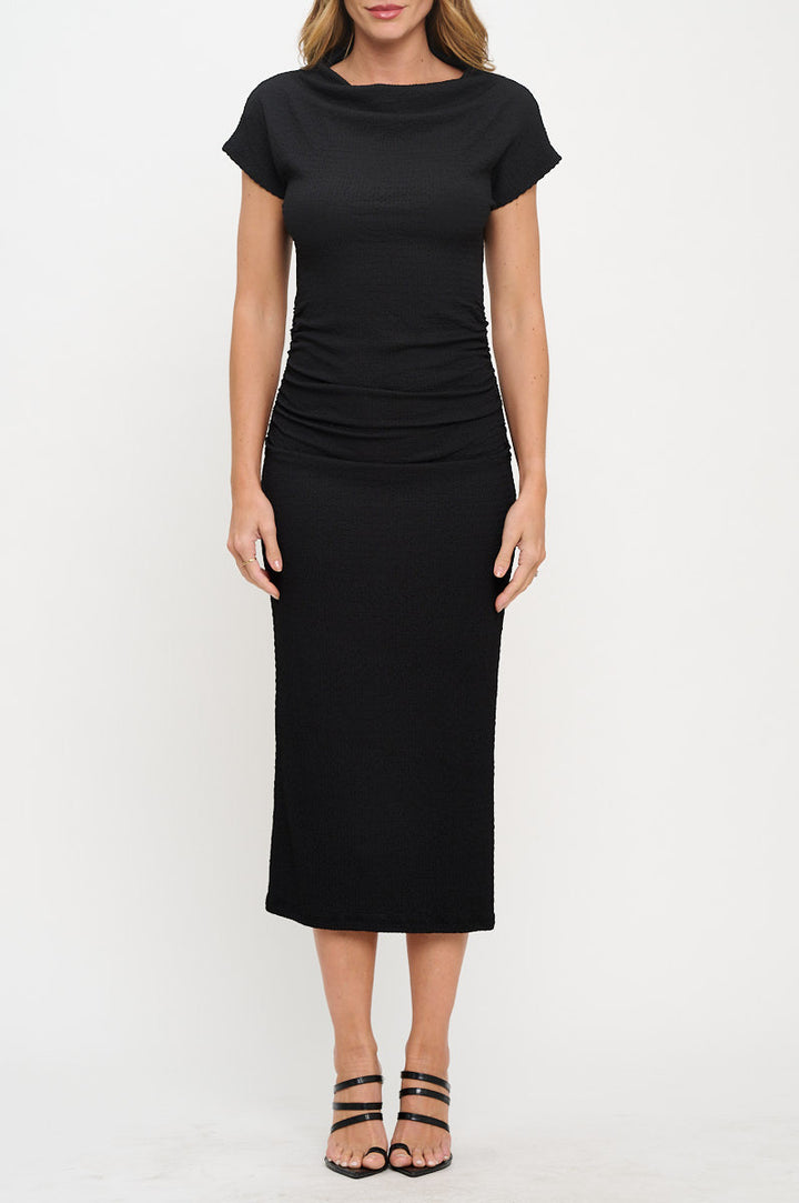 Textured Cowl neck Midi Bodycon Ruched Dress-3