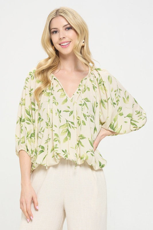 Floral Print V neck 3/4 Sleeve with Tie-2
