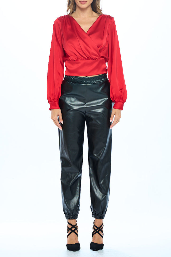 Stretch Satin Solid V neck Top with Open Back-4